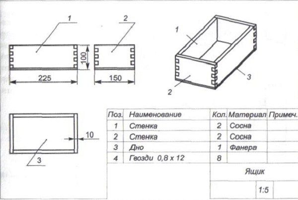 Чертеж ящика из фанеры с пазами