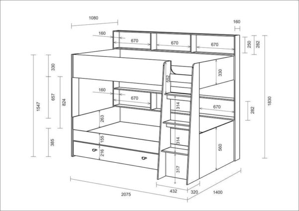 Чертеж двухъярусной кровати