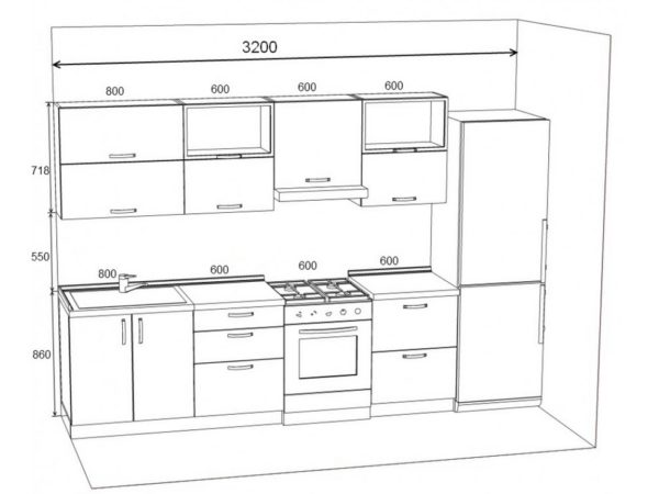 Расположение кухонной мебели вдоль стены