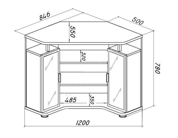 Чертеж угловой тумбочки под телевизор с размерами